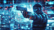 © Nari - Shooting gun hologram. Digital and technological background of a policeman. Futuristic security design