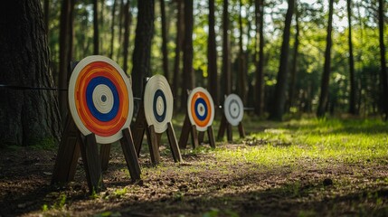 Poster - A serene archery session in a tranquil woodland clearing, Archery equipment and targets set up for practice, Outdoor sports style