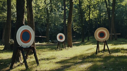 Poster - A serene archery session in a tranquil woodland clearing, Archery equipment and targets set up for practice, Outdoor sports style