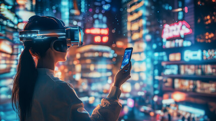 Holographic character of woman with phone and cute robot float above neon glowing metaverse city. Tech urban landscape with illuminated sign on futuristic buildings. Virtual reality gaming interfaces.