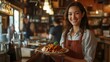 © heinng - Smiling Waitress Proudly Presents Delicious Cafe Dish Photo. AI Generated