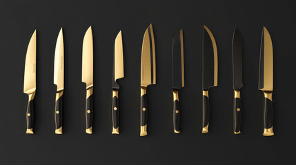 Kitchen knives, chef cutlery for cooking, cutting and carving food. Vector realistic set of 3d knives different types with golden sharp blades and black handles isolated on background