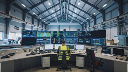 Industrial Control Room in Power Plant or Factory, Person in High-Visibility Vest Overseeing Operations, Multiple Monitors with Data and Graphics, Modern Design, Spacious Room with High Ceiling 