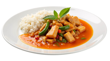 Red Thai Curry with Vegetables and Rice on White Plate Isolated on Transparent Background (PNG).