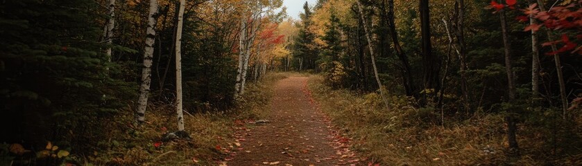 Wall Mural - A serene forest path lined with autumn foliage, inviting exploration and tranquility.