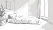 © heinng - Serene Bedroom Sketch: Softly Lit Interior Hand-Drawn Illustration. AI Generated
