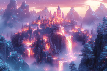Poster - Isometric seamless pattern of fantasy landscapes with floating islands, magical castles, and glowing crystals,