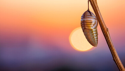 Wall Mural - Delicately hanging from a slender branch, a gleaming chrysalis catches the warm golden light of sunset. This transformative moment hints at the beauty of nature's cycles in a tranquil atmosphere