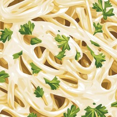 Wall Mural - A close-up of creamy pasta topped with fresh green herbs, showcasing a delicious and inviting dish.