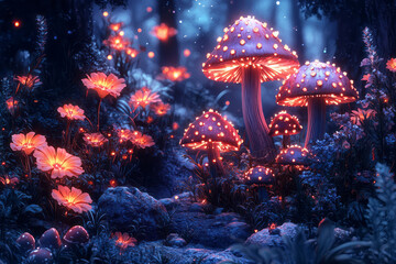 Aufkleber - Isometric fairy forest with magical mushrooms and glowing flowers,