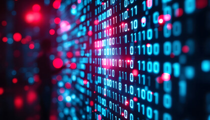 Binary Code on Screen, Digital Data Flow, Computer Code Background, Blue and Red Binary Digits, Technology Background