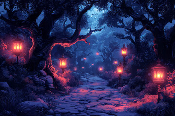 Leinwandbilder - Isometric haunted forest with creepy trees and flickering lanterns,