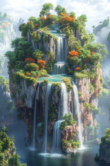Poster - Isometric floating islands with waterfalls and magical flora,