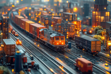 Poster - Isometric busy train yard with cargo trains and tracks,
