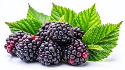 Wall Mural - Juicy Blackberries with Fresh Green Leaves Isolated on White Background - Stock Photo