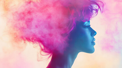 Wall Mural - Profile silhouette of a woman with vibrant pink and blue smoke in a dreamy atmosphere showcasing creativity and artistic expression in photography