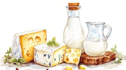 Wall Mural - Dairy Delights: Watercolor Still Life of Cheese and Milk