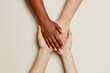 © Viktoriya - A close-up, photo-realistic image of diverse female hands placed together, symbolizing unity, support, and solidarity. The composition is minimalistic and focused on the beauty of connection.