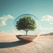 © CaptureCollabStudios - Innovative representation of a tree in a glass sphere in an arid landscape under a clear sky