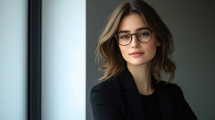 Wall Mural - Confident Young Woman in Black Blazer and Glasses Against Neutral Background