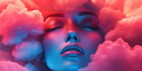 Wall Mural - Serene Face Immersed in Vibrant Cloudscape, Dreamlike Beauty in a Colorful Nebula