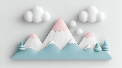 Wall Mural - Pastel Mountainscape, Serene Peaks, Fluffy Clouds, and Evergreen Trees Adorn a Gentle Winter Landscape