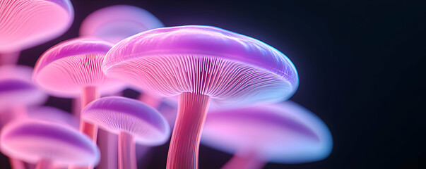 Wall Mural - Glowing Pink Mushrooms Cluster, Illuminated in Vivid Neon Light,  Mystical Fungi Scene, Vibrant Nature Photography