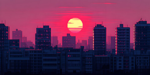 Wall Mural - Cityscape Sunset, Buildings Silhouetted Against a Vibrant Pink Sky, Reflecting the Warm Glow of the Setting Sun.