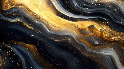 Wall Mural - Abstract Black Gold Swirling Fluid Art Painting