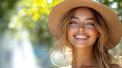 A woman with a straw hat is smiling at the camera in the beach