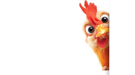 funny real chicken peeks out from around the corner isolated on white background