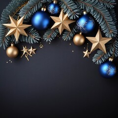 Wall Mural - Christmas and New Year banner with blue baubles, golden stars, and frosted pine branches on a dark background. Holiday web design, social media, seasonal invitations, copy space, greeting cards