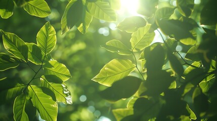 Wall Mural - A close up shot of sun shining through green leaves.
