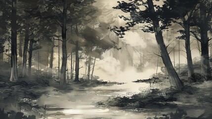Wall Mural - A misty forest with a stream running through it.