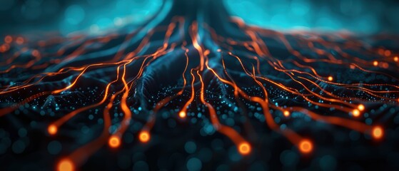 Wall Mural - Vibrant network of glowing lines on a dark surface with a blue background.