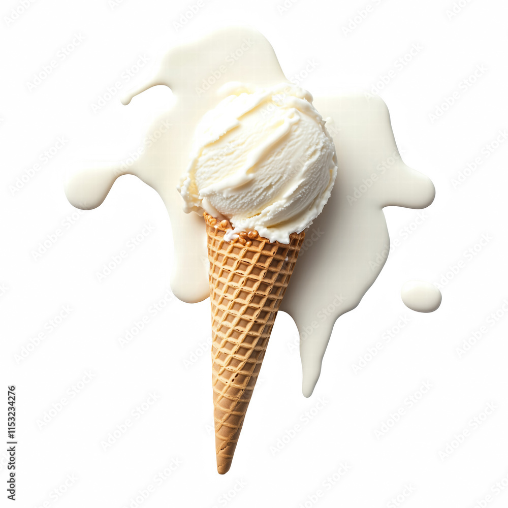 waffle cone with vanilla ice cream spreading out isolated on ...