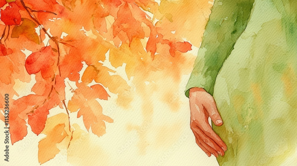 Watercolor painting of a hand reaching towards autumn leaves. Evokes a ...