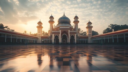 Poster - Front view of the Masjid Jamek in Kuala Lumpur, with intricate Moorish architecture glowing under the soft morning light, in 4K resolution