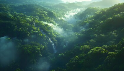  Bird eye view of the lush landscapes of Frasers Hill, with vibrant greenery and serene waterfalls glowing under soft morning light, in 4K resolution
