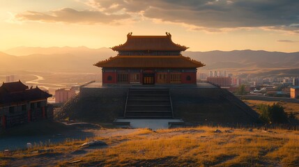 Poster - Front view of the vibrant Gandan Monastery in Ulaanbaatar, glowing under the soft morning light, in 4K resolution