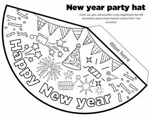 Create a festive New Year party hat by coloring, cutting, gluing, and assembling a cone shape with fun decorations and elastic. Perfect for celebrations and easy for kids and adults alike!