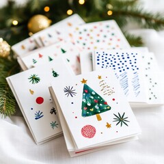 Aufkleber - Collection of handmade Christmas cards with festive designs displayed on a soft white tablecloth surrounded by greenery. Generative AI