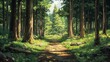 Sunlit Forest Path Winding Through Tall Trees