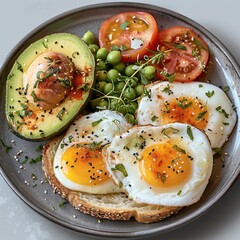 Poster - A minimal gray plate of a healthy breakfast including toasted barely bread, sunny side up eggs, sliced avocado, healthy sides. top view.