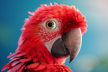 Wall Mural - Close up portrait of a red macaw parrot showing its vibrant plumage and powerful beak against a blurred blue backdrop