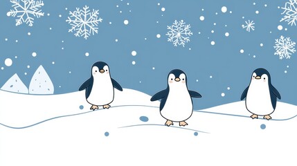 Poster - Winter themed doodle featuring playful penguins in a snowy landscape with falling snowflakes and cool colors. Generative AI