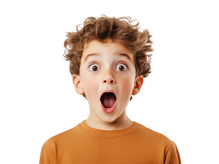 a young boy's shocked and excited expression captured against a crisp, white background