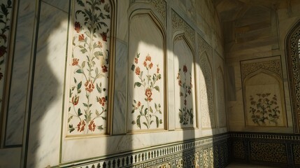 Poster - Multiple angles of the intricate marble inlay work on the Taj Mahals walls, with floral designs glowing under soft light, in 4K resolution