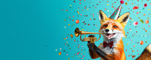 Fox with a trumpet in its paws, wearing a party hat and bowtie, festive New Year scene.