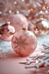 Aufkleber - A pink bottom pedestals, Pink background with white snowflake design, pink gold Christmas glass ball in the foreground. snow decorated. monochromatic light-beige color theme.